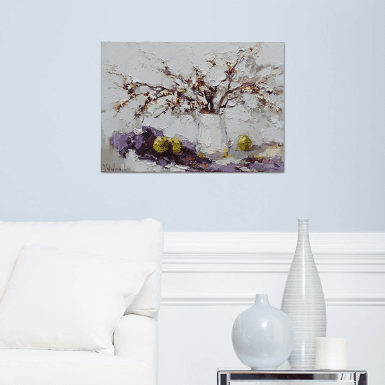 Spring still life with flowering branch Original Oil painting