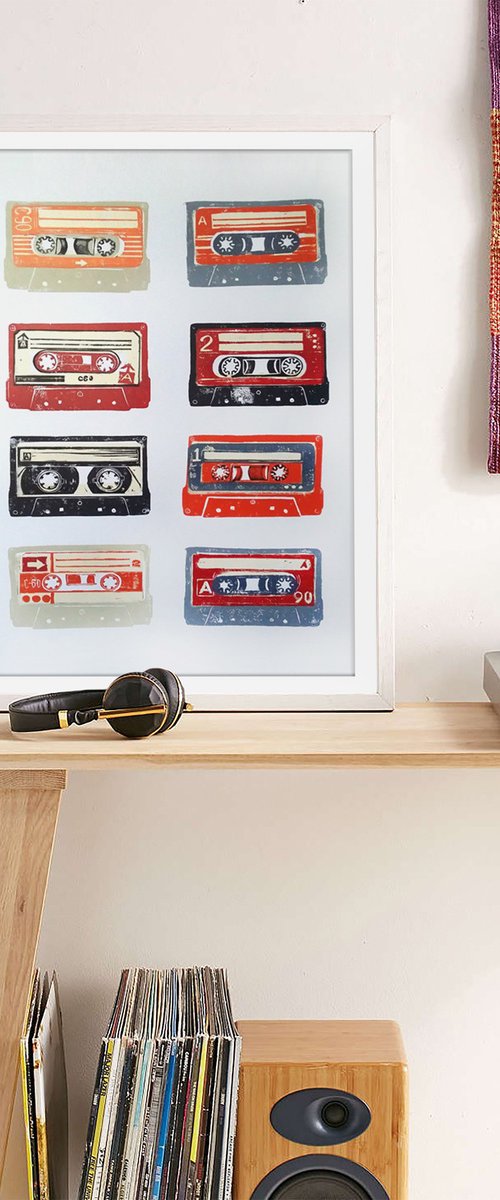 Linocut cassette tapes #62 by Carolynne Coulson