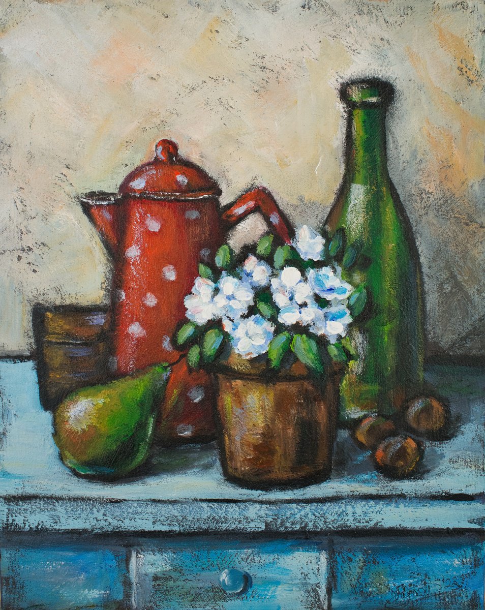 Impressionistic Still Life Acrylic Painting By Catherine Varadi, 16 X 20, Still Life With Dotty Teapot, Original Artwork