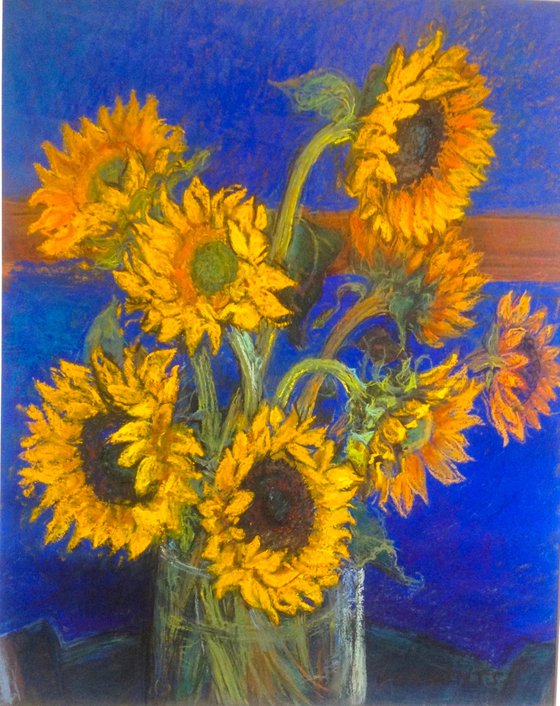 Sunflowers with Cobalt Blue