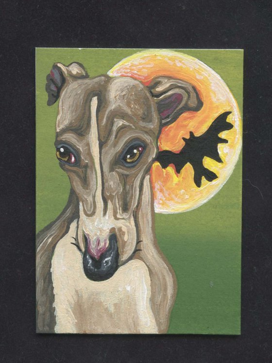 ACEO ATC Original Miniature Painting Halloween Greyhound Pet Dog Art-Carla Smale