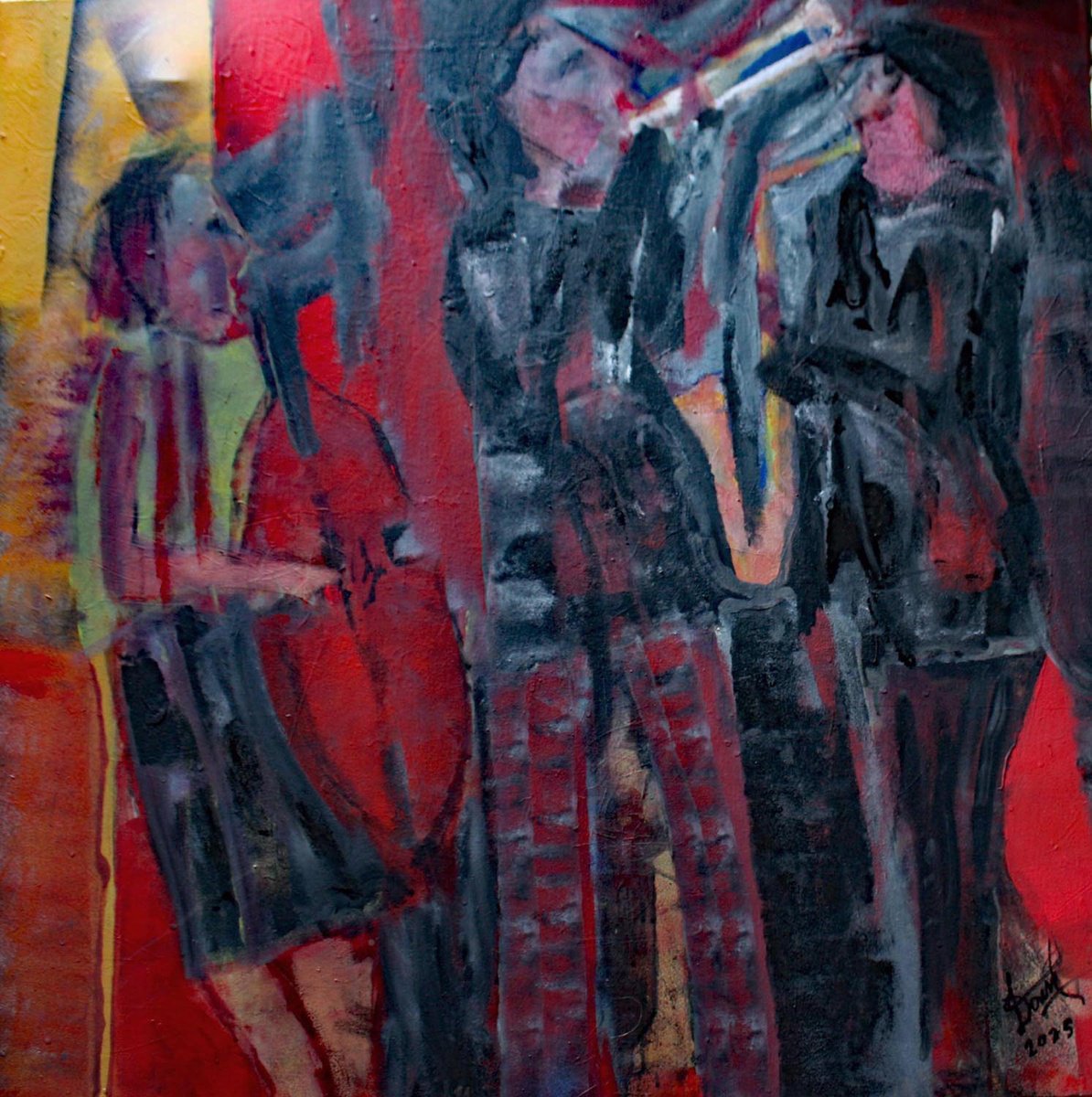 Expressive Portrait Acrylic Painting By Jacques Donneaud, 39 X 39, Trois Musiciens, Original Artwork