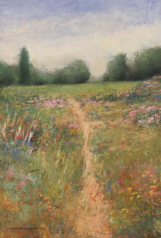 Farm Garden, flower field impressionist landscape oil painting