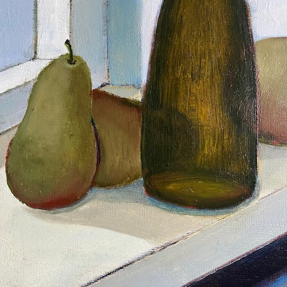 Bottle and Pears in Window