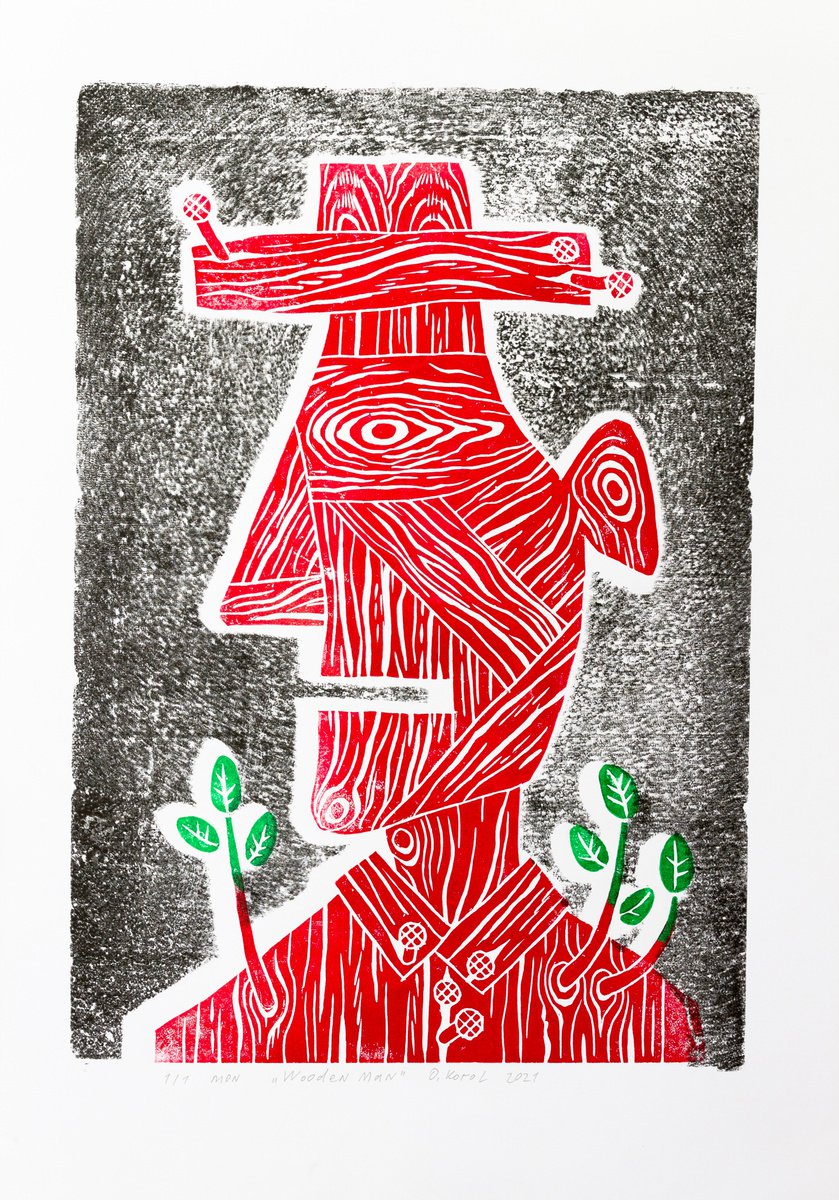 Portrait Limited Edition Print By Oleksandr Korol, 17 X 24", Wooden Man, Original Artwork