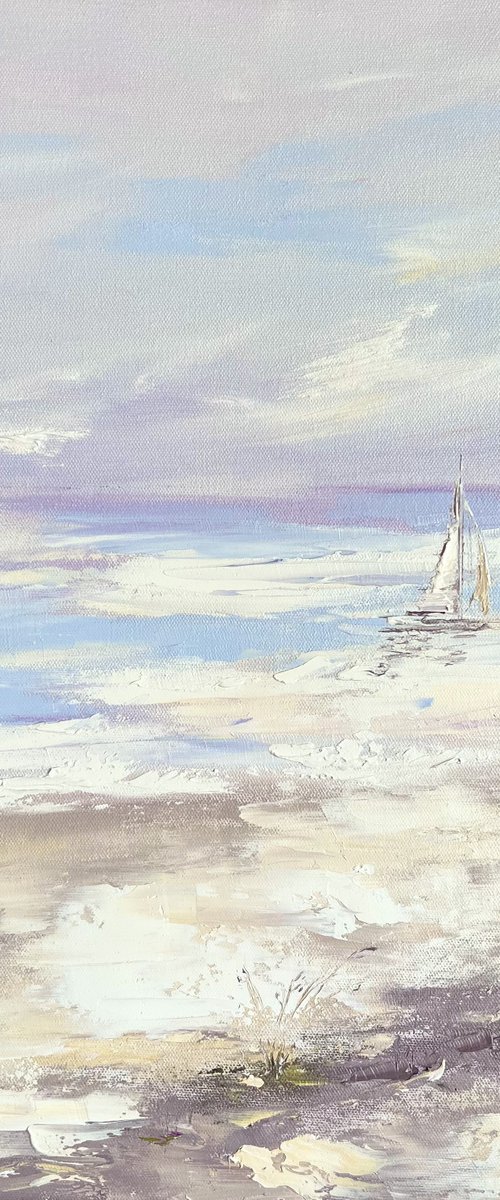 COZY BEING - Ocean. Seascape. Schooners at sea. Sandy beach. by Marina Skromova