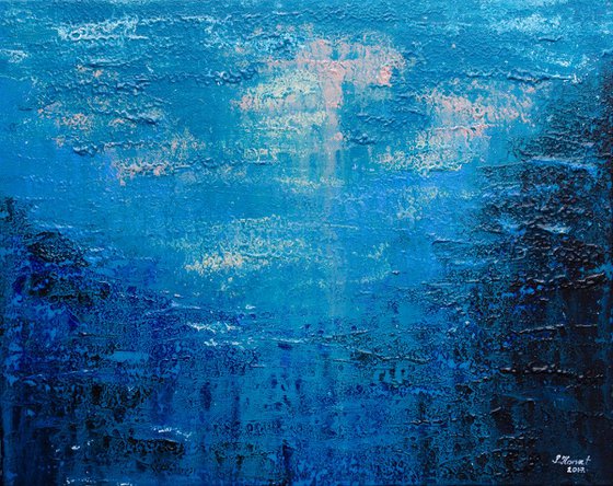 Submerged III - abstract seascape on stretched cotton canvas, unique frothing technique, ready to hang, 50x40cm