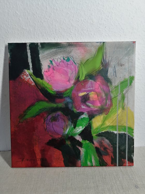 Pink peonies modern mixed media painting