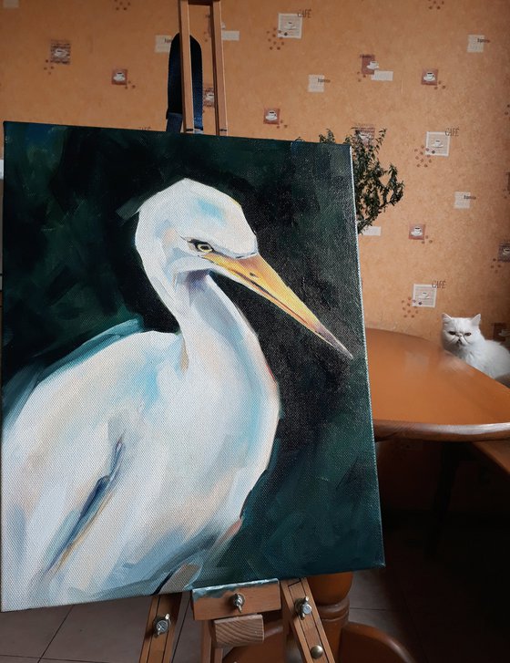 Cattle egret oil painting