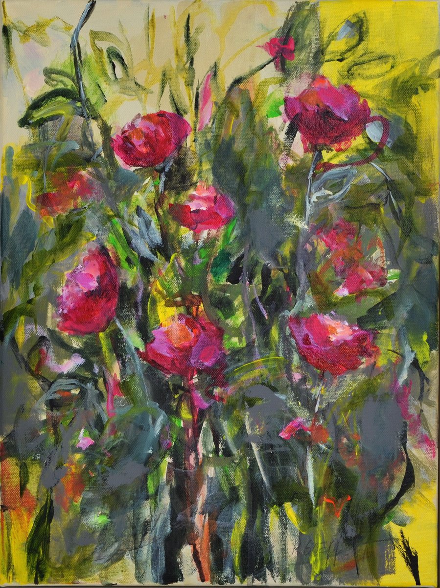 Impressionistic Botanical Acrylic Painting By Karin Goeppert, 13 X 17", Mayflowers I, Original Artwork