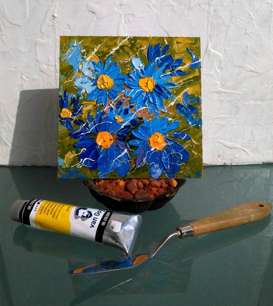 Daisy Painting Floral Original Art Meadow Flowers Oil Impasto Small Wall Art 6 by 6 inches