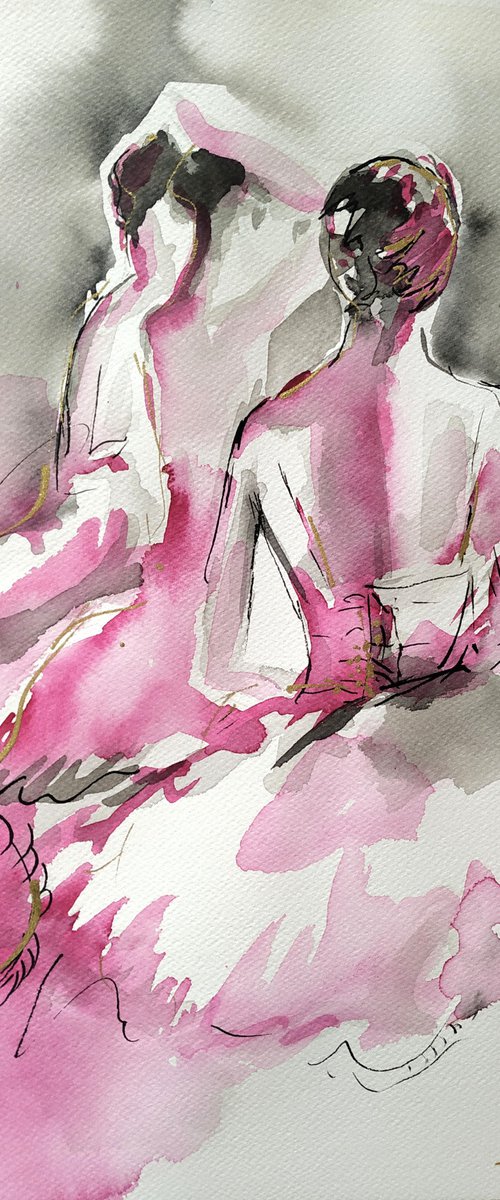 Ballerina Watercolor and ink drawing series-Figurative drawing on paper by Antigoni Tziora