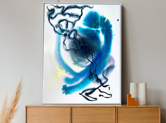 Abstract Watercolor Painting, Blue Black Original Artwork, Modern Wall Decor