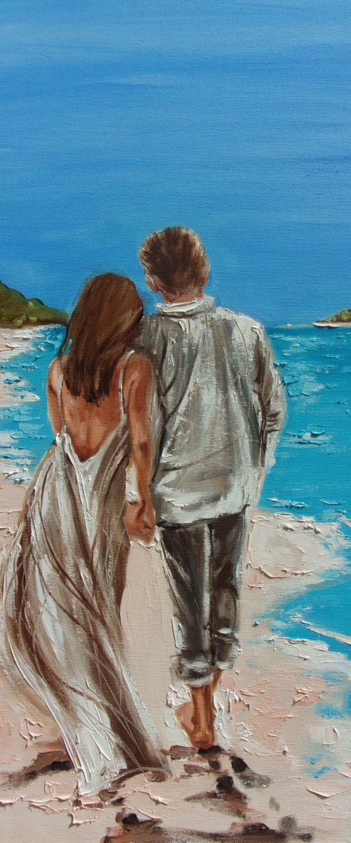 " FROM HOLIDAYS ... "- 70x50 COUPLE SEA liGHt  ORIGINAL OIL PAINTING, GIFT, PALETTE KNIFE by Monika Luniak