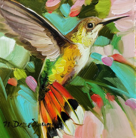 Original Bird painting 4x4, Colorful small bird art picture in blue green gold frame, Oil painting bird artwork, Bird gifts for women