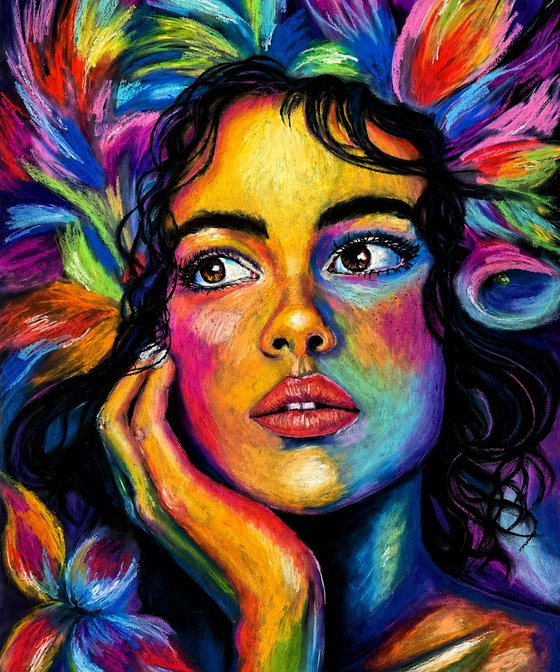 Astral Garden - Rainbow Floral Woman Portrait