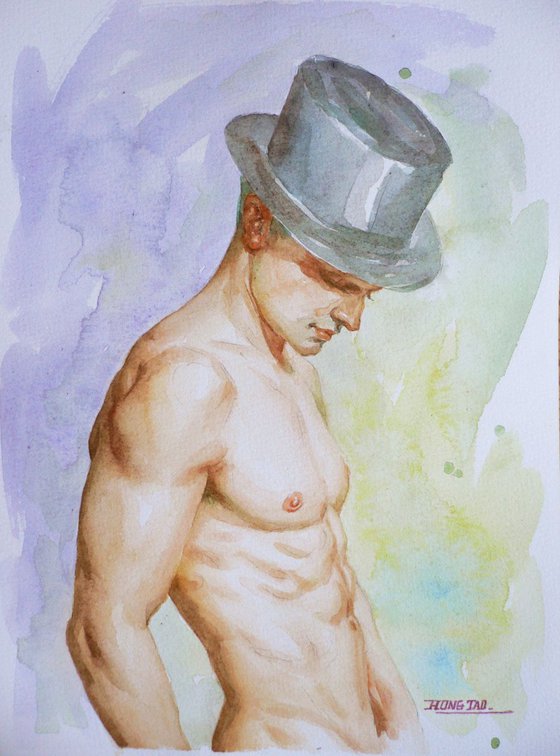 original watercolour painting  artwork male nude on paper#16-8-24