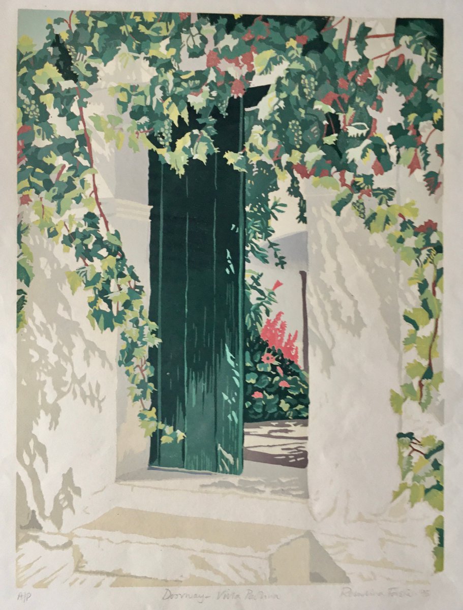 Botanical Linocut By Rosalind Forster, 15 X 21", Doorway. Villa Paulina Spetses, Original Artwork