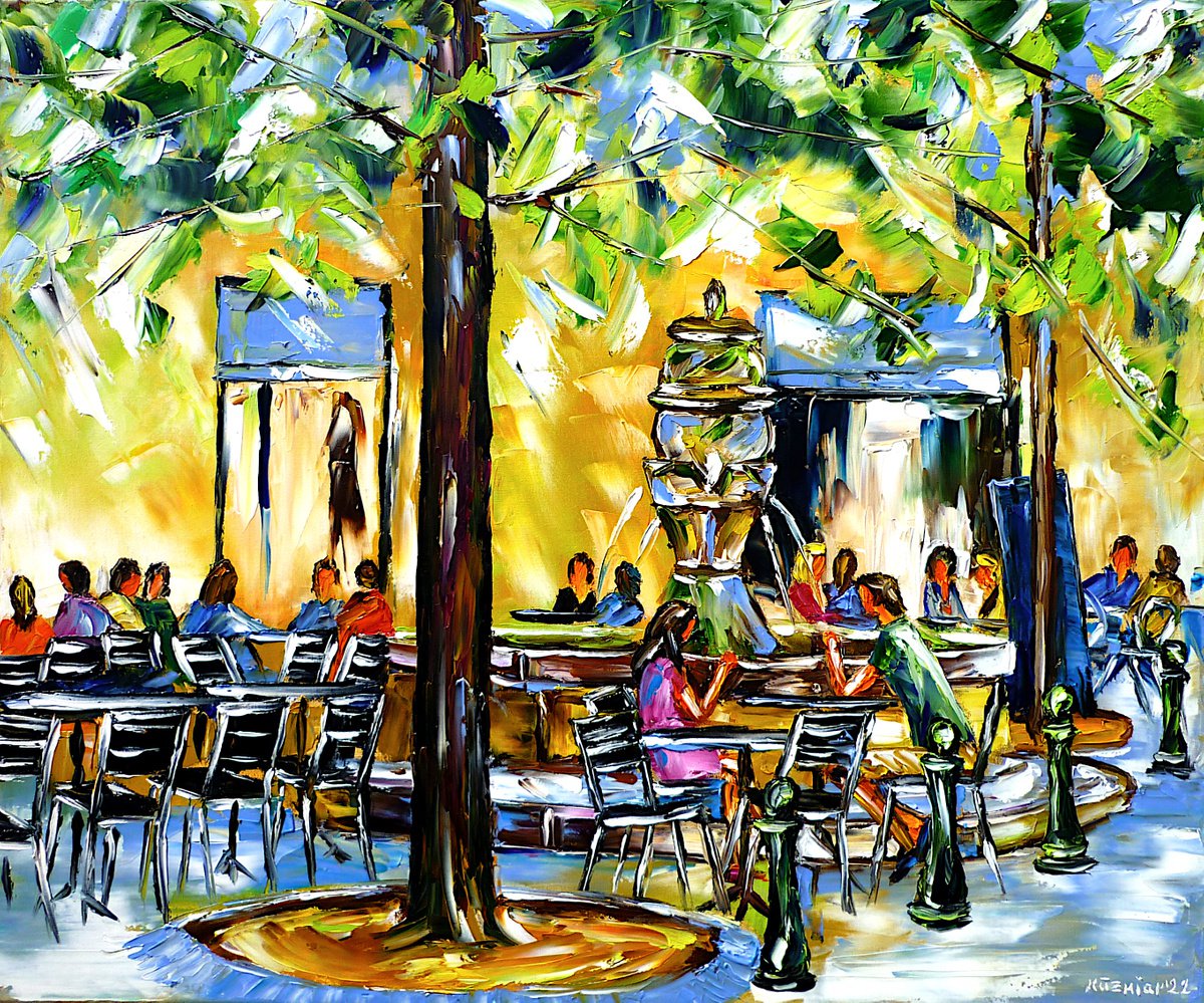 Expressive Cityscapes Oil Painting By Mirek Kuzniar, 24 X 20", Fountain Of The Three Elms, Original Artwork