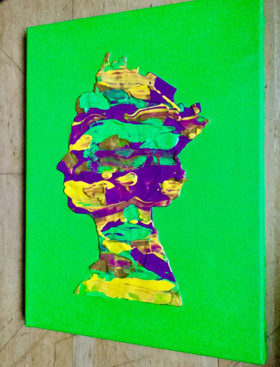 Bright Green yellow gold metallic purple pink Queen #31 Abstract   portrait  of Queen Elizabeth II on green  background