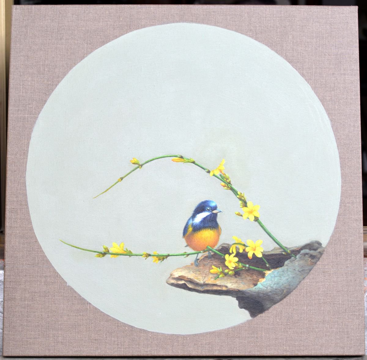 Impressionistic Animal Oil Painting By Kunlong Wang, 24 X 24", Little Birds And Flowers, Original Artwork