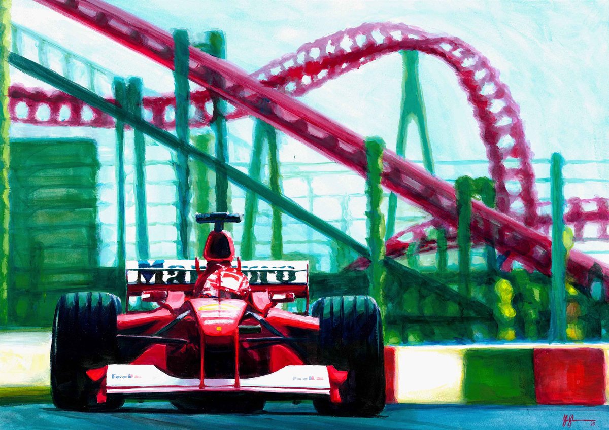 Impressionistic Transport Acrylic Painting By Alex Stutchbury, 25 X 18, Michael Schumacher Japan Gp, Original Artwork