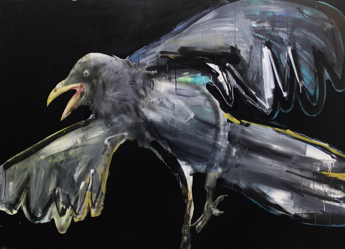 Expressive Animal Oil Painting By Milos Hronec, 79 X 59", Black Bird, Original Artwork