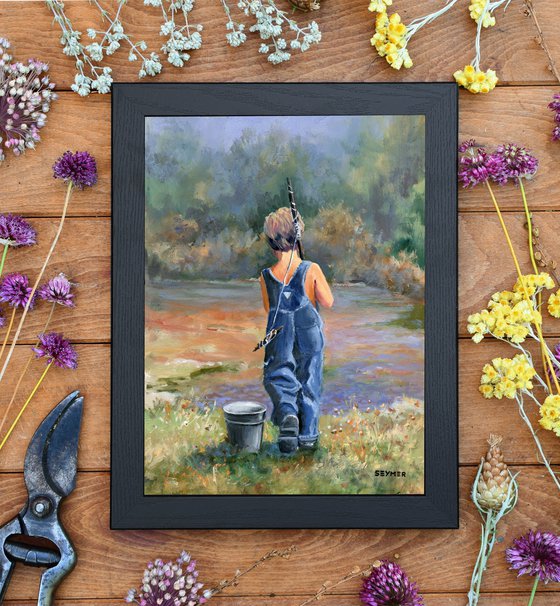 Boy fishing oil painting, 'Happy summer days'.