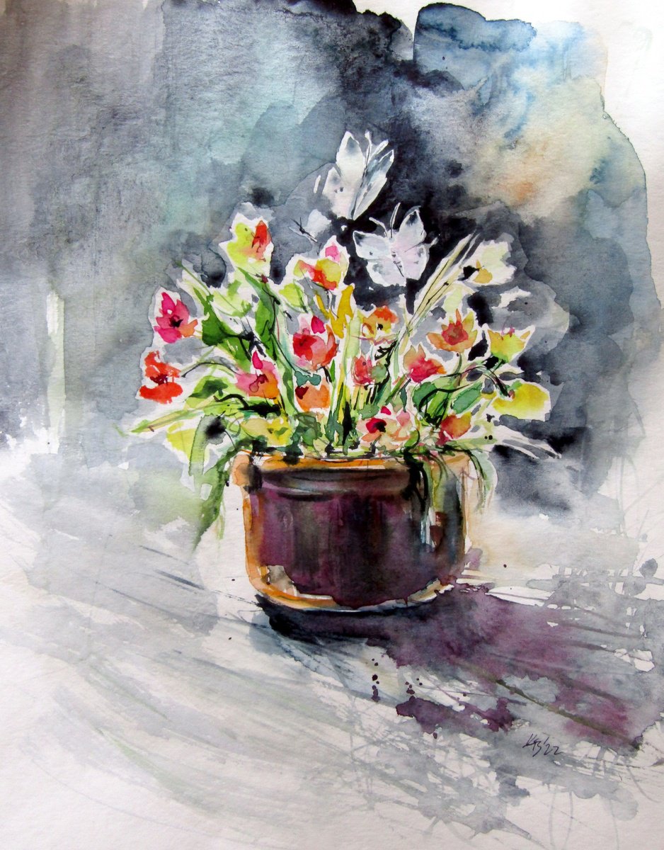 Impressionistic Animal Watercolour By Kovacs Anna Brigitta, 12 X 15", Flowers With Butterflies, Original Artwork