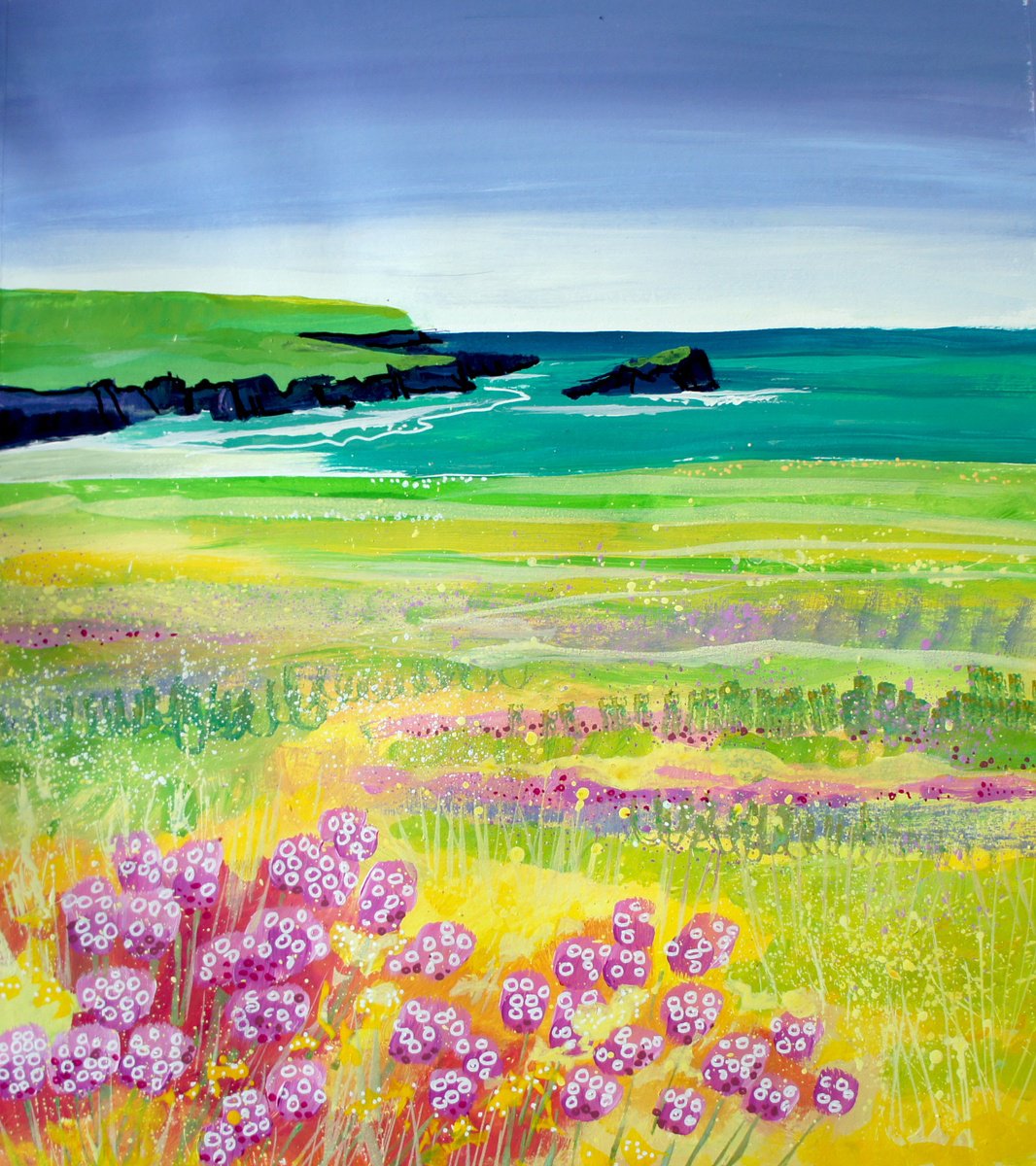 Impressionistic Landscape Acrylic Painting By Julia Rigby, 15 X 17", Holywell Bay, Cornwall, Original Artwork