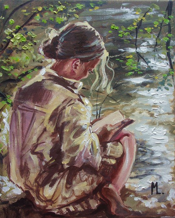 " WAITING FOR SPRING WITH BOOK ON LAKE "