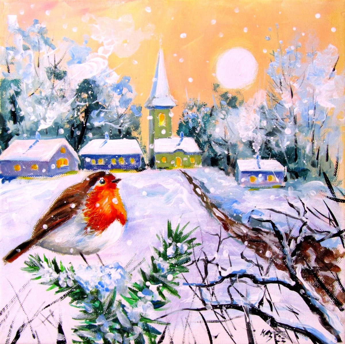 Impressionistic Animal Acrylic Painting By Kovacs Anna Brigitta, 12 X 12", Robin On The Edge Of Village, Original Artwork