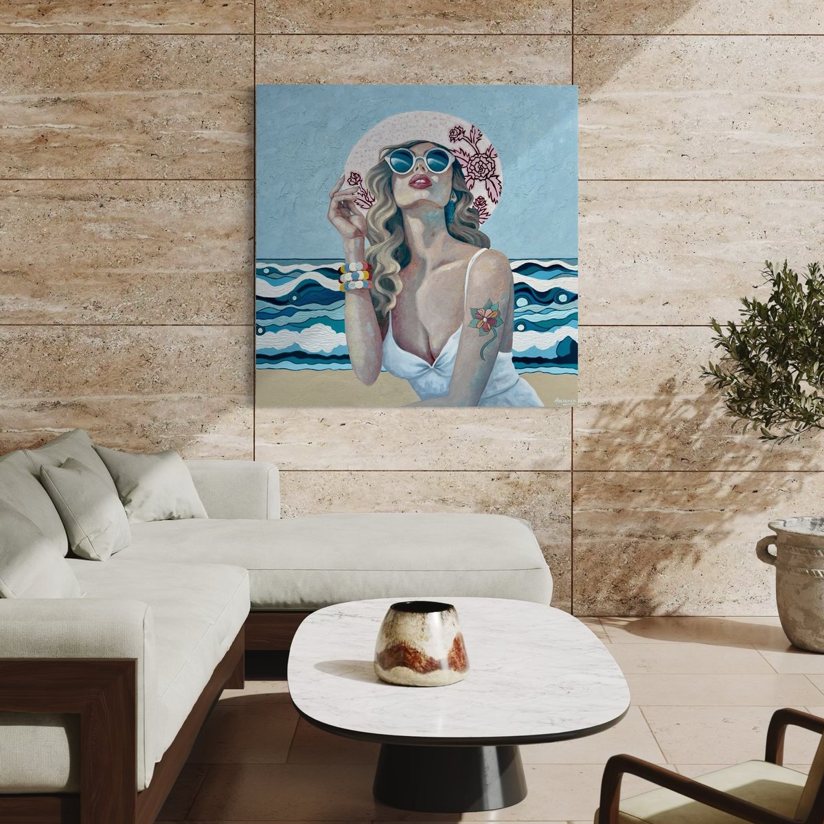 Impressionistic Portrait Acrylic Painting By Lisbeth Ascanio, 48 X 48", Sun, Tattoo And Glamour, Original Artwork