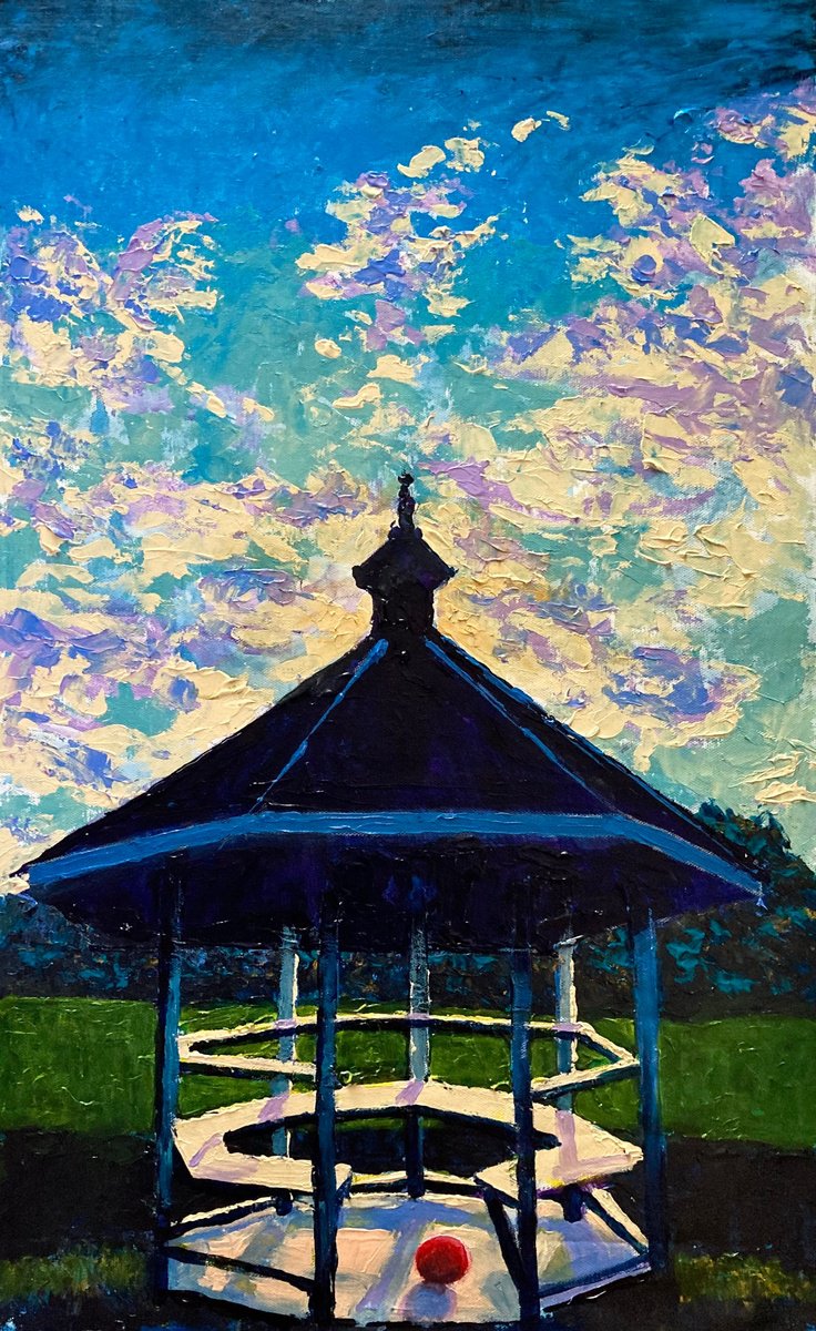 Impressionistic Landscape Acrylic Painting By John Cottee, 19 X 31, Rotunda With Red Ball, Original Artwork