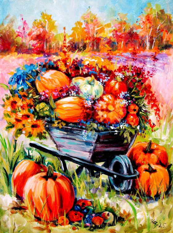 Pumpkins and flowers