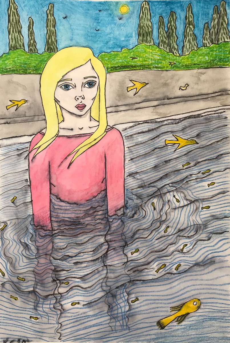 Girl in Water - Original mixed media painting by Kitty Cooper