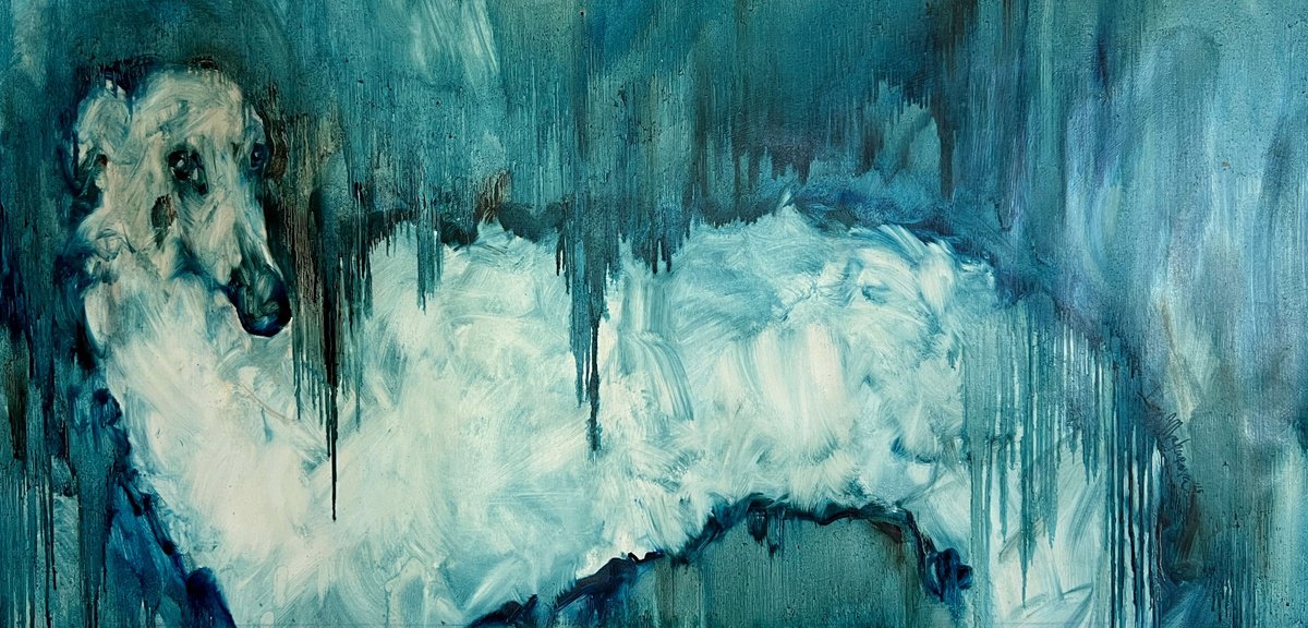 Expressive Animal Oil Painting By Inga Makarova, 51 X 26, White Dog 3, Original Artwork