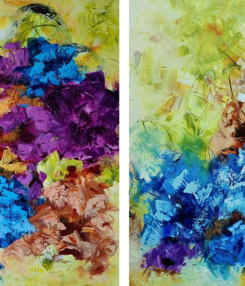 Diptych "Euphoria" from "Colours of Summer" collection, abstract flower painting by Vera Hoi
