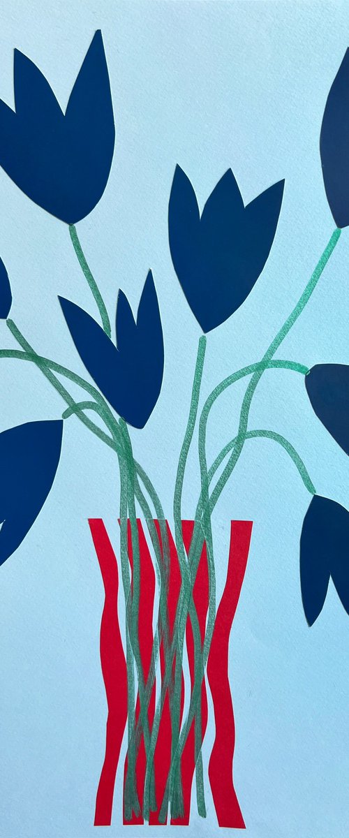 Blue Tulips in Striped Vase by Sasha Robinson