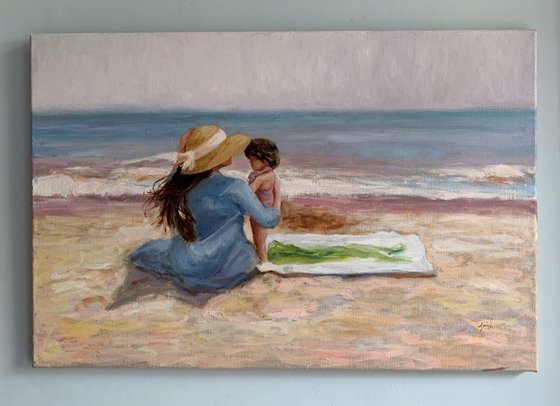 Motherhood-Impressionist beach figure oil painting. 50x70cm.