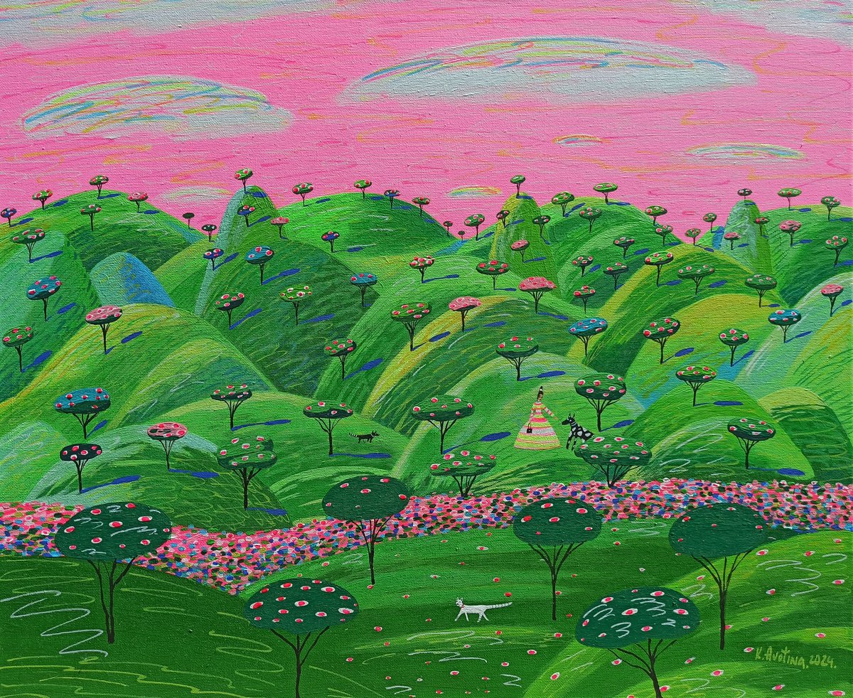 Impressionistic Landscape Acrylic Painting By Katrina Avotina, 24 X 20", The World In Blossom, Original Artwork