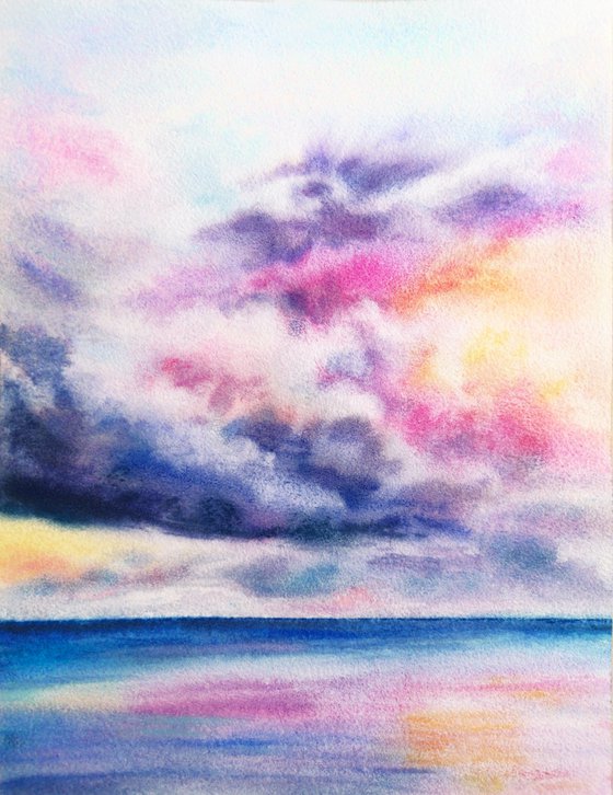 Sea, ocean landscape watercolor painting