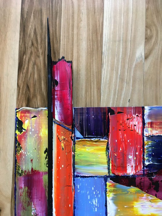 "Tetris" - Original PMS Assemblage Sculptural Painting On Wood - 18.5 x 25.5 inches