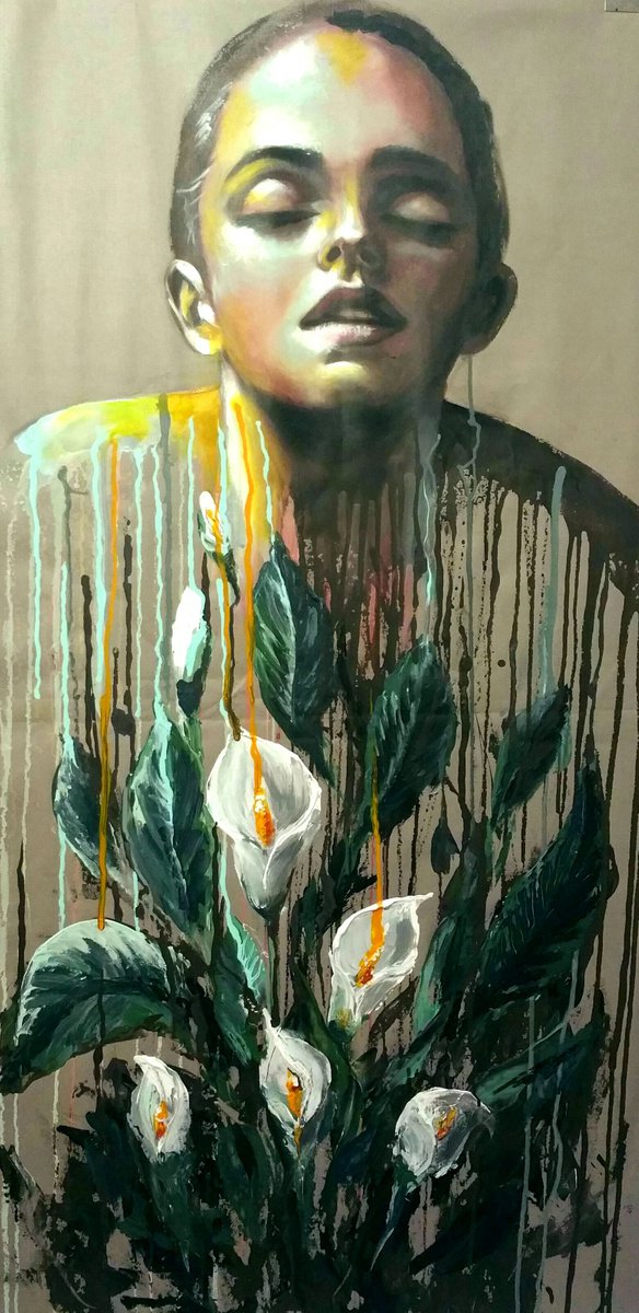 Expressive Portrait Acrylic Painting By Elena Kraft, 22 X 43, Emma!, Original Artwork