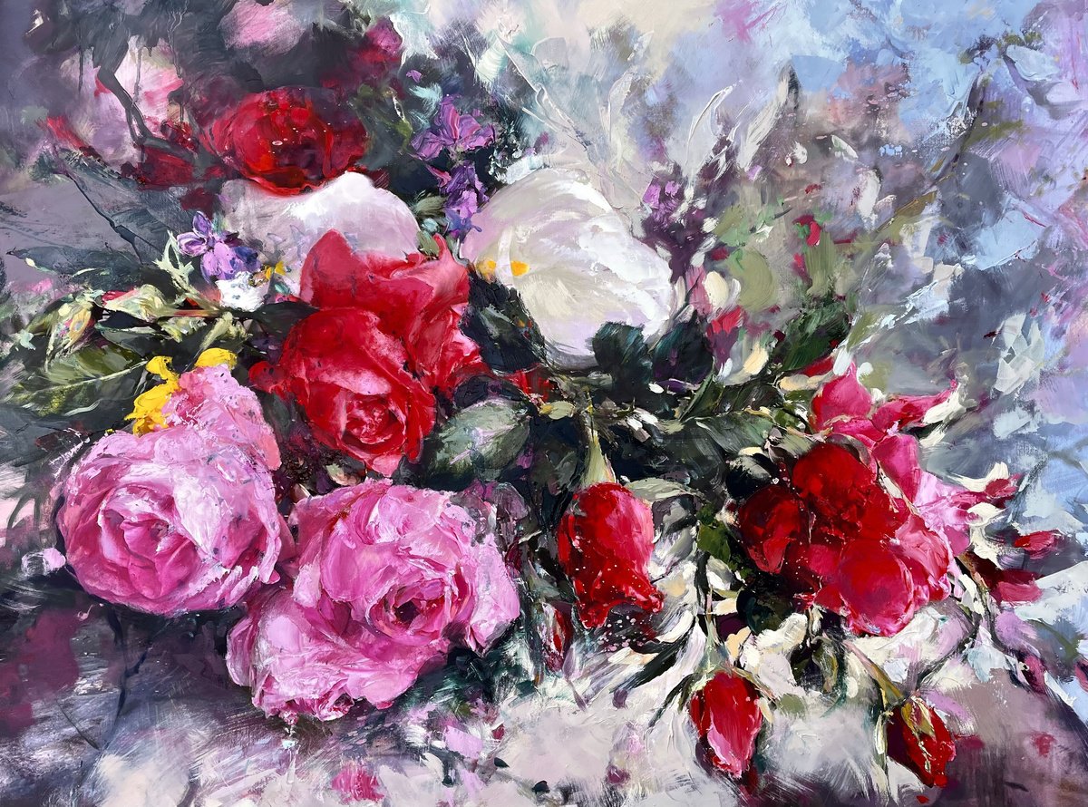 Impressionistic Botanical Oil Painting By Ewa Czarniecka, 42 X 32, The Summer Gift, Original Artwork