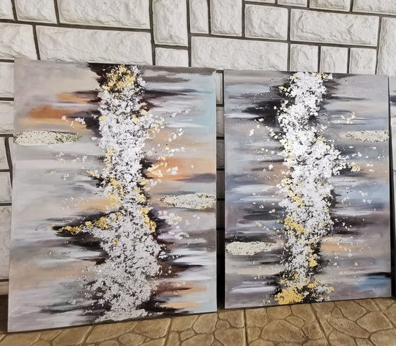 Set paintings, 2 piece wall art, Gold & Silver Leaf Painting