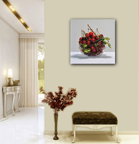 Still life with cherries II , Original oil on canvas painting