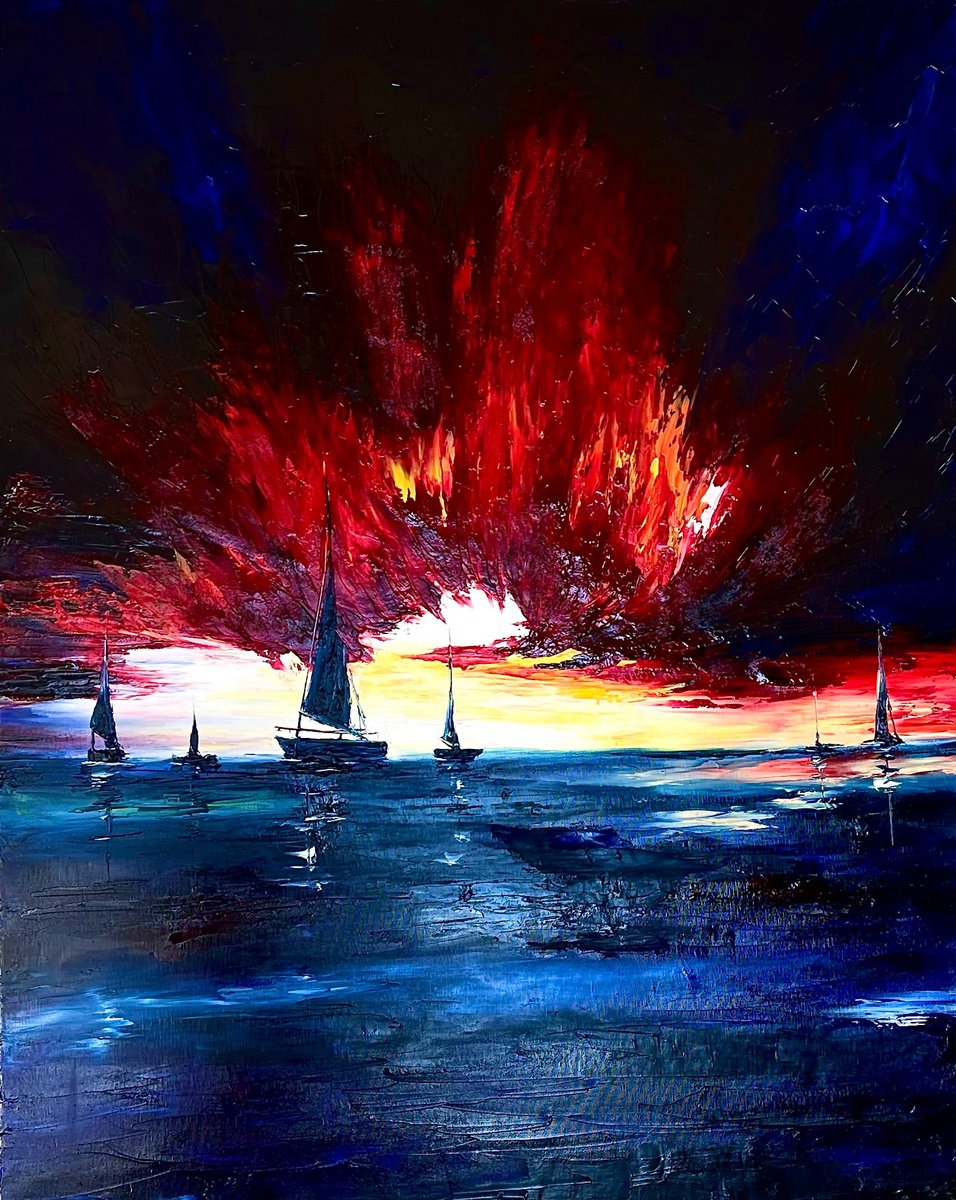 Expressive Landscape Oil Painting By Anastasiia Novitskaya, 31 X 39, Sails Under Fire, Original Artwork