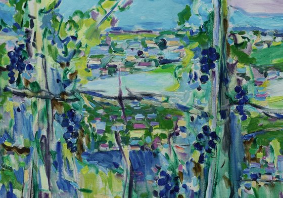 VINEYARD LANDSCAPE - original landscape art, summer plant tree garden grape , large size