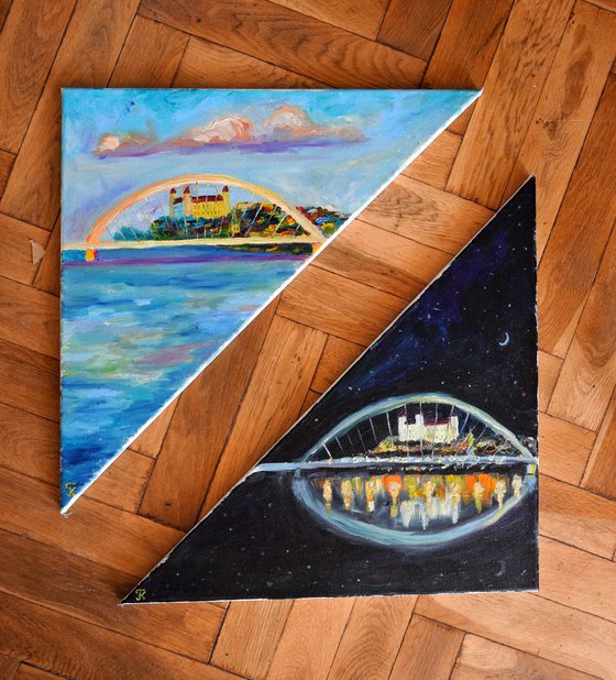 Diptych Bratislava day and night, set of 2 OIL PAINTINGS on canvas